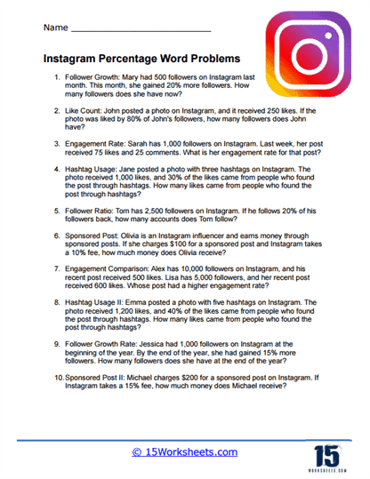Instagram Percentage Word Problem Worksheet