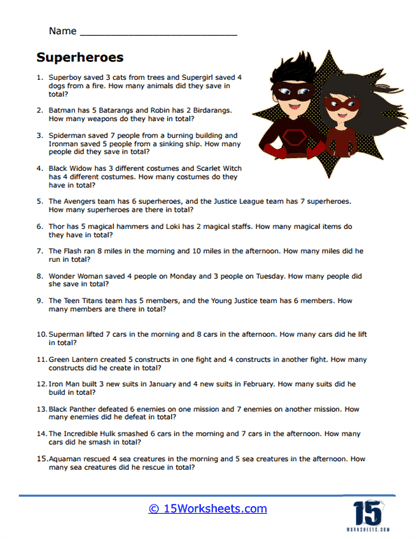 Superheroes Word Problem Worksheet