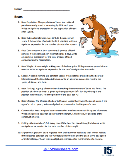 Bear Algebra Word Problem Worksheet