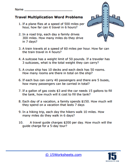 Travel Multiplication Word Problem Worksheet
