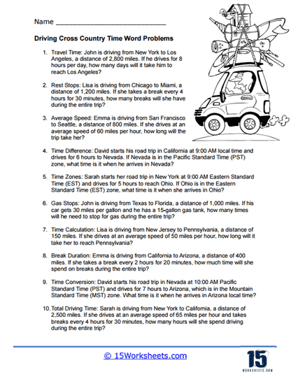 Driving Cross Country Time Word Problem Worksheet