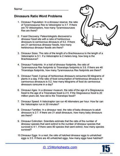Dinosaur Ratio Word Problem Worksheet