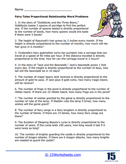 Fairy Tales Proportional Relationship Word Problem Worksheet