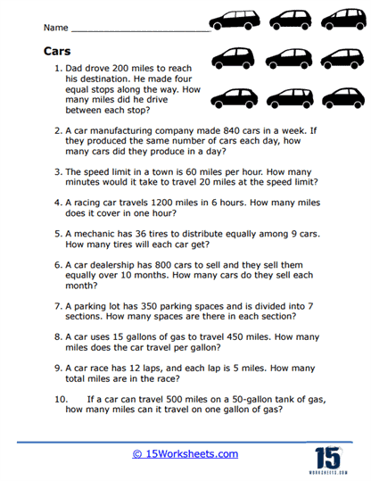 Car Word Problem Worksheet