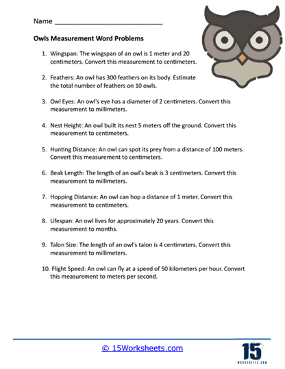 Owls Measurement Word Problem Worksheet