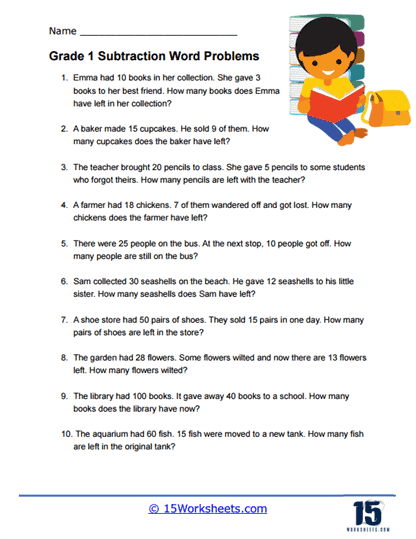 1st Grade Subtraction Word Problem Worksheet