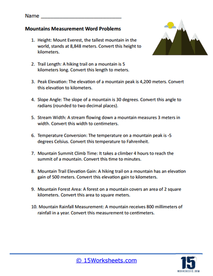 Mountains Measurement Word Problem Worksheet
