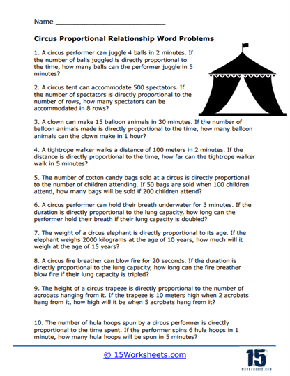 Circus Proportional Relationship Word Problem Worksheet