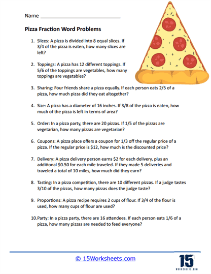 Pizza Fraction Word Problem Worksheet