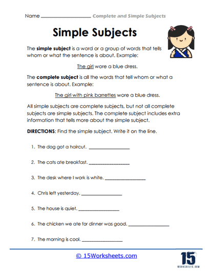 Complete and Simple Subjects Worksheets