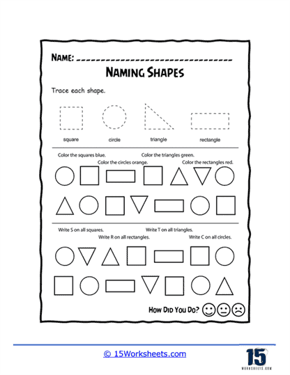 Trace, Color, and Letter Shapes Worksheet