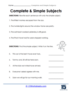 Complete and Simple Subjects Worksheets - 15 Worksheets.com