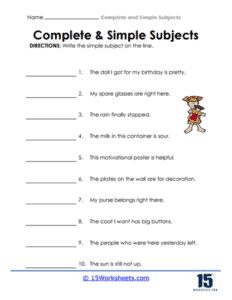 Complete and Simple Subjects Worksheets - 15 Worksheets.com