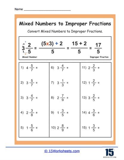 Convert Mixed to Fraction Worksheet