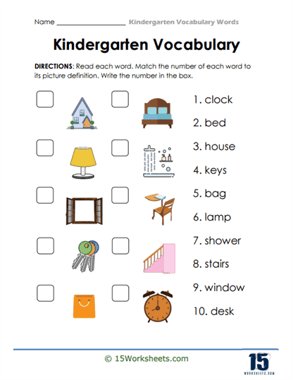 Kindergarten Vocabulary Words Worksheets