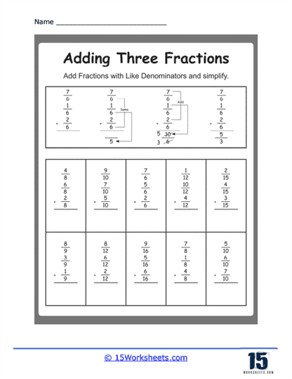 Adding 3 Fractions Worksheets