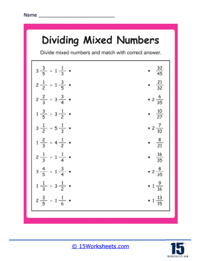 Matching Mixed Number Division Worksheet