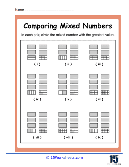 Comparing Visual Mixed Numbers Worksheet