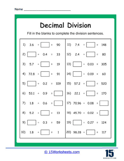 Decimal Division Sentences