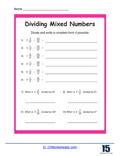 Dividing Mixed Number Quiz Worksheet