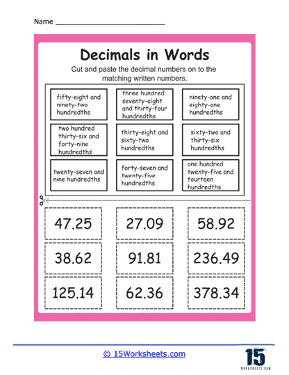 Decimals in Words Worksheets