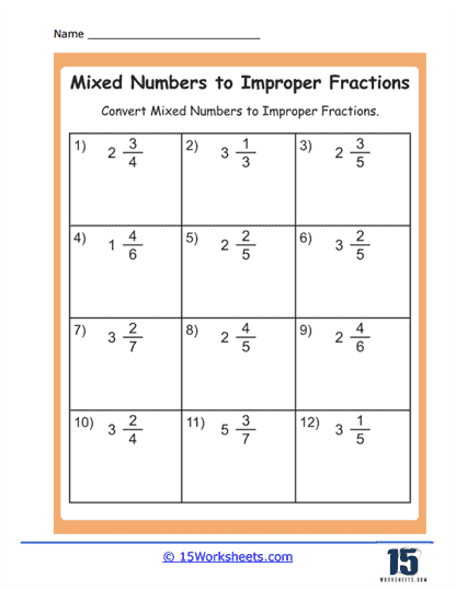 Mixed Numbers to Improper Fractions Worksheet