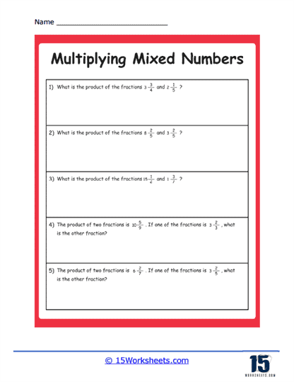Mixed Number Word Problems Worksheet