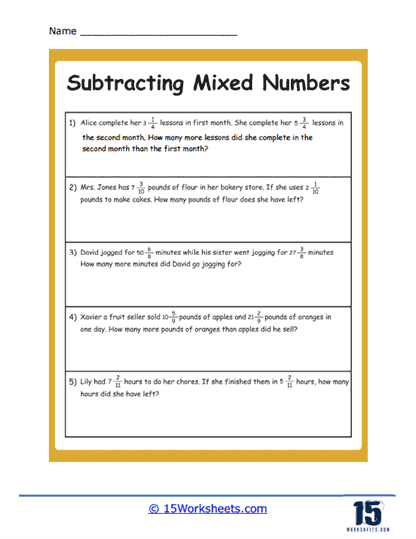 Subtract Mixed Numbers Word Problems Worksheet