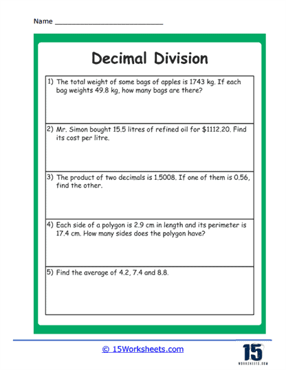 Decimal Division Word Problems