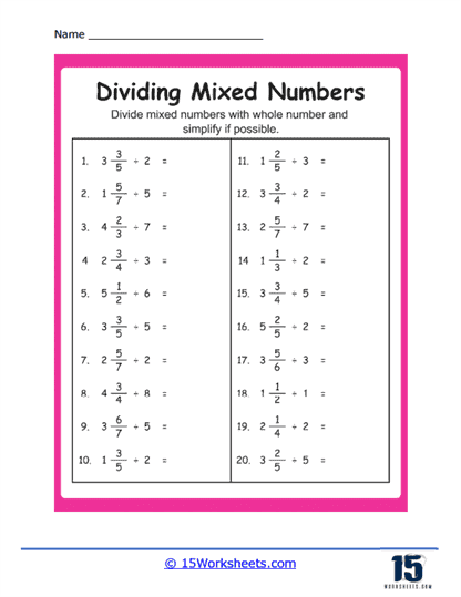Mixed by Whole Number Division Worksheet