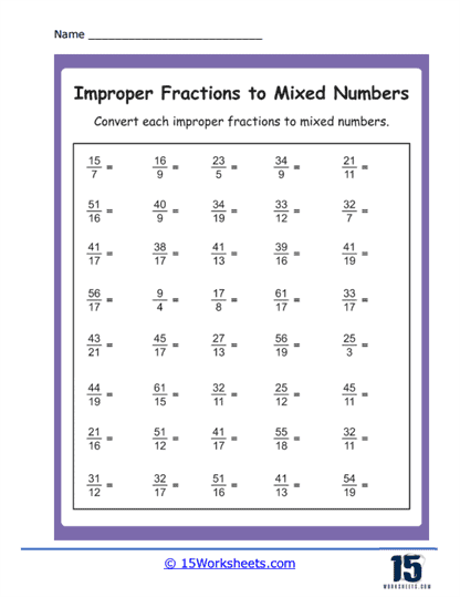 Improper to Mixed Numbers Worksheet