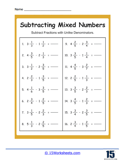 Subtracting Unlike Mixed Numbers Worksheet