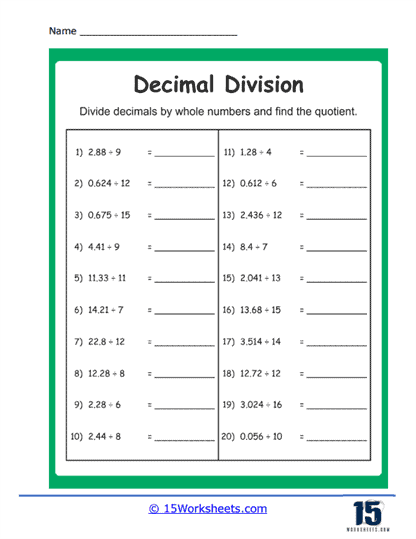 Decimals Divided By Whole Numbers
