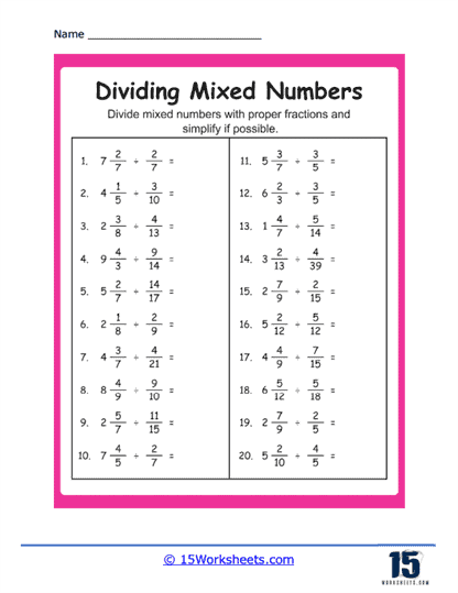 Mixed Number by Fraction Division Worksheet
