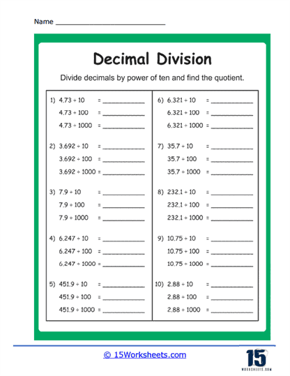 Decimal Division Worksheet