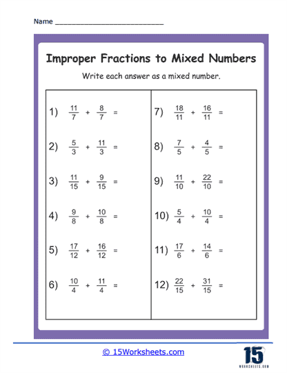 improper fraction to mixed number worksheet