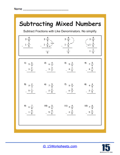 Mixed Number Differences Worksheet