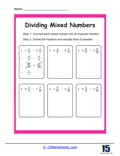 Dividing Mixed Numbers Steps Worksheet