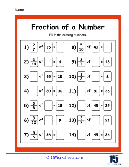 Fractions of a Whole Number Worksheets
