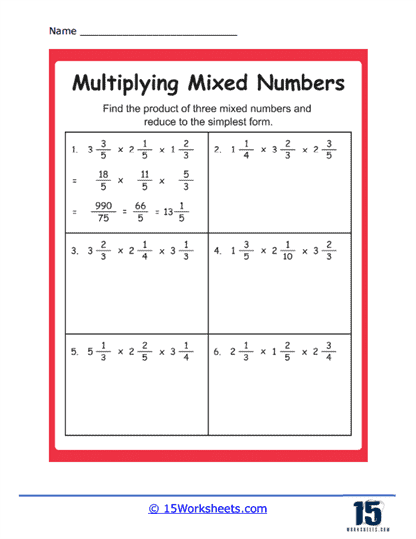 Products of 3 Mixed Numbers Worksheet