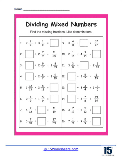 Dividing Mixed Numbers Worksheets