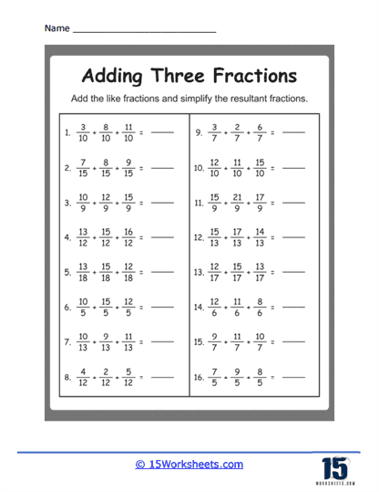Adding 3 Fractions Worksheets - 15 Worksheets.com