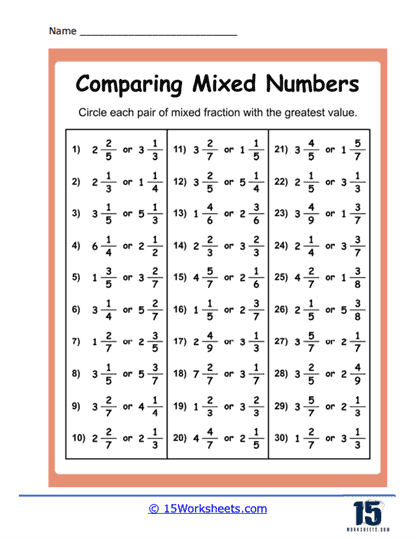 Greatest Mixed Number Worksheet