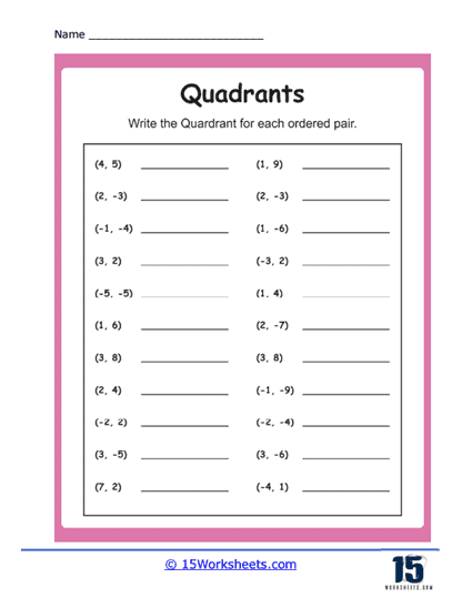 Ordered Pairs and Quadrants Worksheet