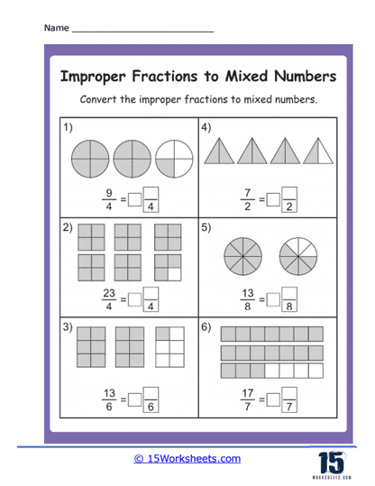 Improper Fractions to Mixed Numbers Worksheets
