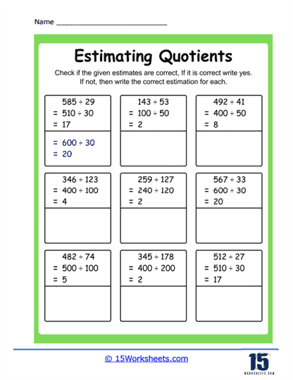 Estimating Quotients Worksheets