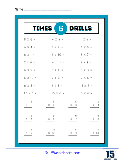 Times 6 Drills Worksheet