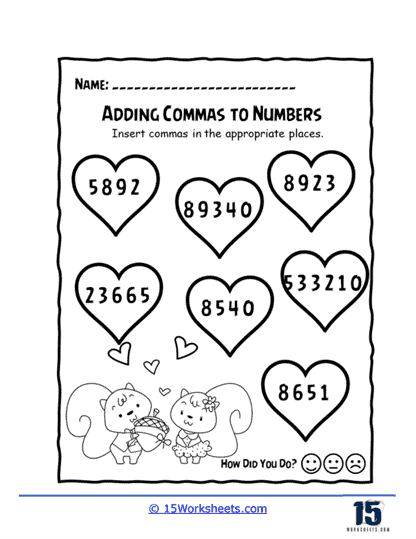 Adding Commas to Hearts Worksheet