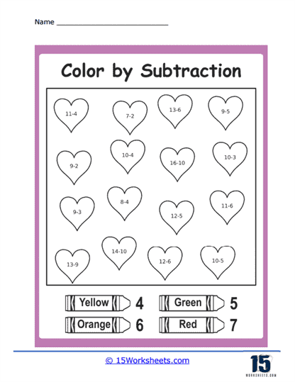 Subtract Heart Worksheet
