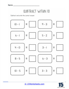 Subtract Within 10 Worksheets - 15 Worksheets.com